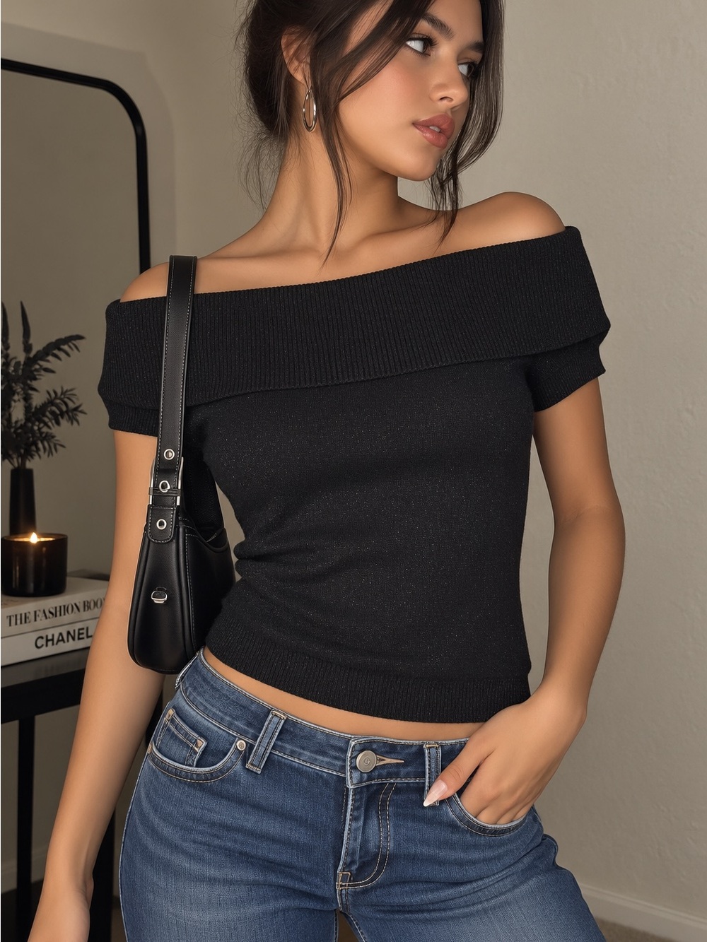 Express Off-The-Shoulder Black Knit Top